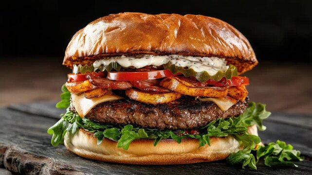 Juicy beef burger with beef patty, melted cheese, grilled onion, tomato slice, pickle and greens