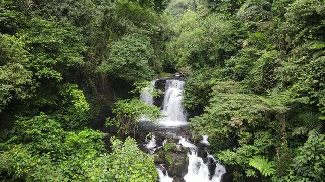 Aerial Drone Footage of Beautiful Waterfall in the Jungle &ndash; Batur Waterfall, Java Island, Indonesia