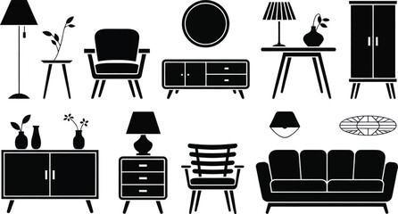 Collection of modern and mid-century furniture silhouettes for interior design branding and decoration.