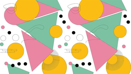 Bright abstract geometric seamless pattern featuring yellow circles and pink and teal triangles for modern branding.