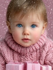 Blue-eyed baby wearing a cozy pink sweater holding pastel gift boxes, surrounded by gentle falling snow, creating a heartwarming winter holiday mood.