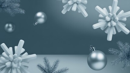 Elegant cool toned winter holiday scene with frosted snowflakes and silver ornaments against a subtle blue background creating a festive and serene atmosphere for christmas and new year celebrations