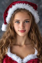 A cheerful young woman with long hair and blue eyes wears a Santa hat and red outfit, capturing the festive spirit in a close-up portrait against a soft, blurred backdrop.