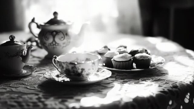 An elegantly arranged afternoon tea setting with a vintage porcelain teapot and teacups, accompanied by freshly baked cupcakes.