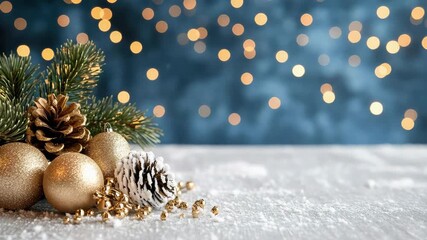 Gold ornament pine cone evergreen branch snow bokeh lights holiday decoration golden holiday - Powered by Adobe