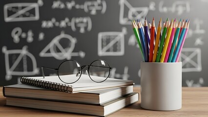A study desk setup featuring books, glasses, and colorful pencils against a blackboard background