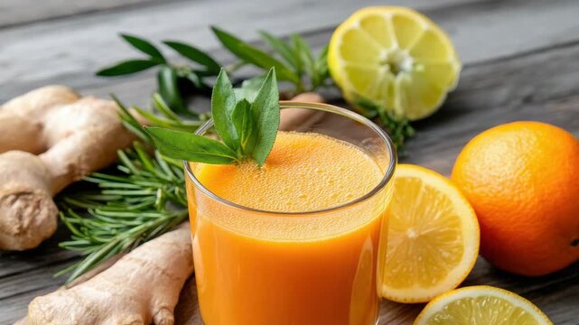 Fresh carrot orange lemon ginger juice glass with herb rosemary garnish vibrant healthy beverage