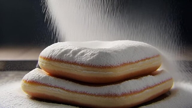 Video Powdered sugar being sprinkled over two fresh, delicious donuts