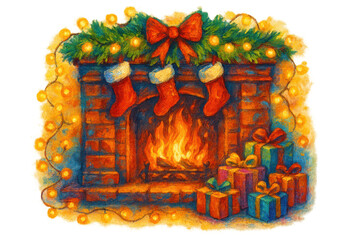 Obraz premium Christmas fireplace with burning fire, hanging stockings, festive garland, string lights, and wrapped gifts, transparent background