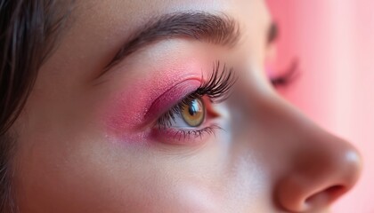 Closeup of young woman eye with bright pink eyeshadow and long lashes. Smooth skin and defined eyebrows showcase beauty and cosmetic style.
