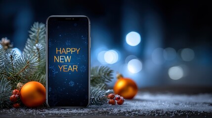 Modern smartphone displaying a Happy New Year message surrounded by pine boughs and orange ornaments on a frosty winter surface, evoking a festive, celebratory holiday mood.