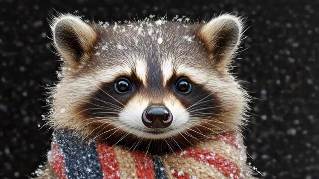 Cute raccoon wildlife mammal with fur face wearing warm striped scarf gentle falling snow cozy