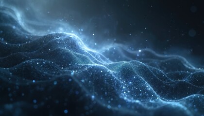 Abstract digital cosmos with glowing particles forming cosmic web structures. Tiny stars twinkle in deep dark blue ocean waves. Cosmic dust floats, space nebula background.