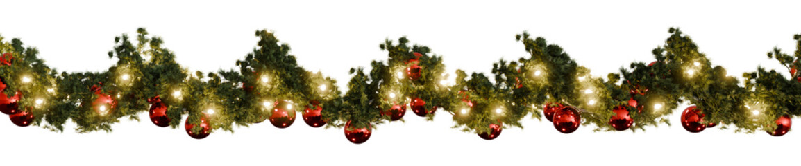 Christmas decorative garland with golden ornaments and lights, isolated on transparent background. Holiday decoration for Christmas and New Year designs. Red Red Christmas baubles