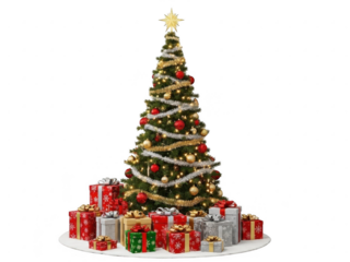 Beautifully decorated christmas tree with colorful presents underneath and a golden star on top isolated on transparent background