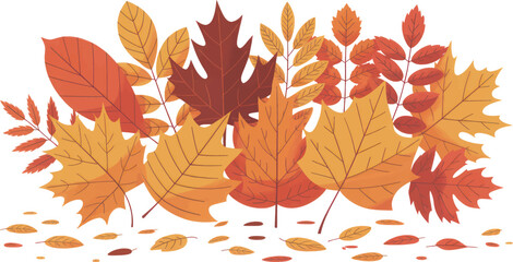 Assortment of warm orange and brown autumn leaves piled together for seasonal background design.