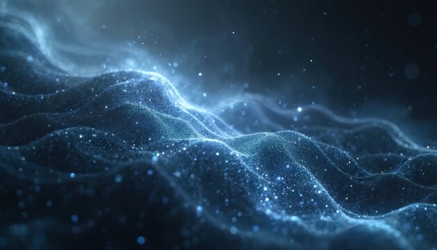 Abstract digital cosmos with glowing particles forming cosmic web structures. Tiny stars twinkle in deep dark blue ocean waves. Cosmic dust floats, space nebula background.