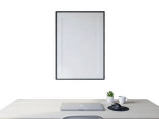 Minimalist desk setup with a large framed mirror, keyboard, mouse, and small plant on a white desk isolated on transparent background