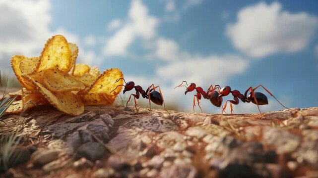 A group of ants traversing a rocky terrain towards some Pringles chips under a blue sky.