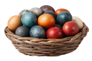 Colorful dyed eggs in a rustic basket