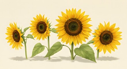 Obraz premium Four sunflowers with yellow petals and brown centers are arranged against a cream background casting light gray shadows