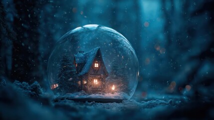 Enchanting winter forest scene with a glowing snow globe containing a cozy cabin and magical snowfall