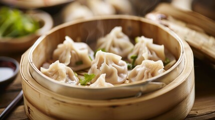 Steaming dumplings in a bamboo steamer