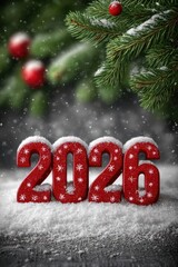 Bright red 2026 numbers covered in snow sit beneath snowy pine branches and ornaments, creating a cheerful and festive setting perfect for seasonal greetings or New Year promotions.