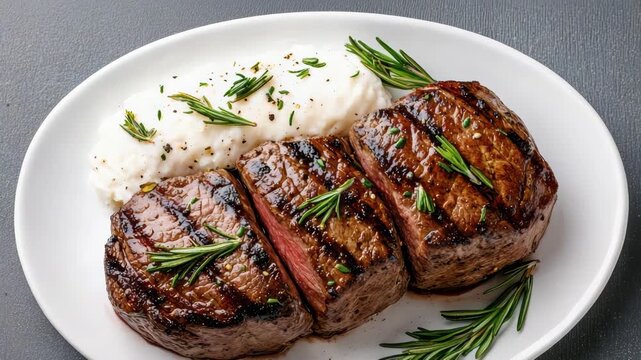 Grilled beef filet and filet mignon steak medallions with mashed potato, rosemary, savory elegant