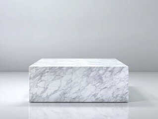 White marble podium with subtle gray veins on pure white background, soft shadows, luxury product display, clean aesthetic 