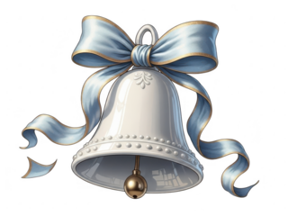 A silver bell with a blue ribbon tied around it, isolated on transparent background