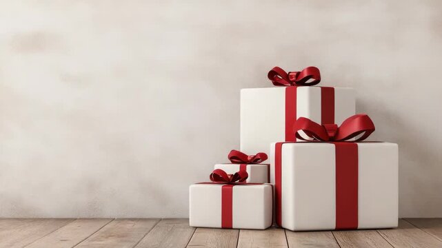 White gift box with red ribbon and bow wooden floor evoking festive warmth and minimal celebration