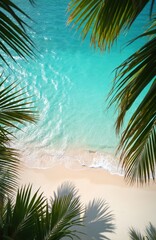 Fototapeta premium Palm leaves frame view of calm ocean waves washing ashore on a white sand beach. Turquoise water shimmers under sunny sky. Tropical paradise scene.