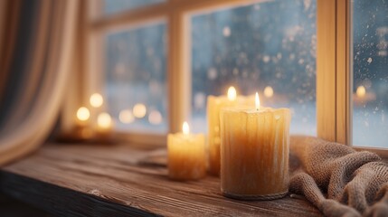 warm cozy winter scene with candlelight glow wooden textures and soft ambience