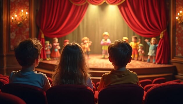 Children watch puppet show on stage in theatre. Little kids enjoy performance with colourful characters and live music. Fun childhood entertainment for young audience.