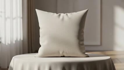 Minimalist Beige Throw Pillow Mockup on Elegant Table Home Decor Concept Sunny Interior