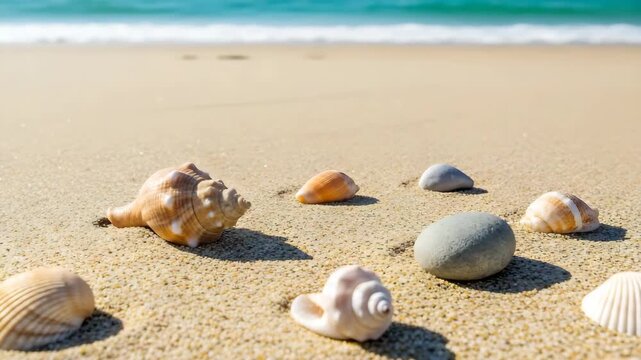 Seashells and smooth stones scattered on a sunlit sandy beach with ocean waves in the background