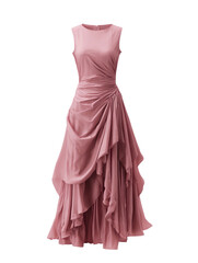 Flowing, dusty rose, sleeveless dress with draped fabric.