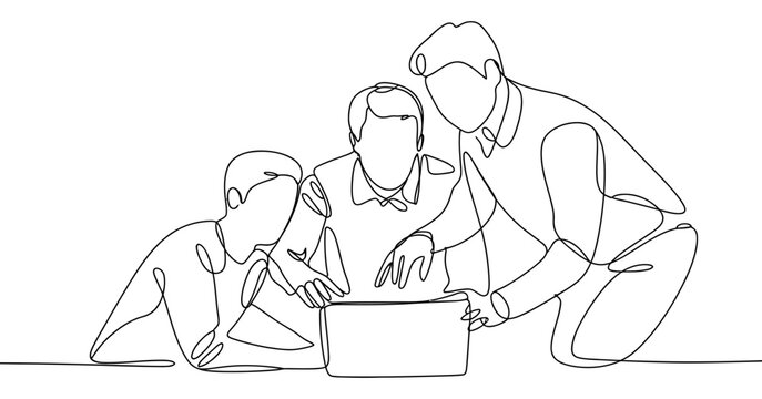 Continuous line drawing of three people gathered around a laptop computer - Powered by Adobe