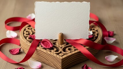Romantic Note Card Wooden Holder Red Ribbon Rose Petals