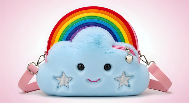 Adorable fluffy blue cloud purse featuring a vibrant rainbow arch and cute smiling face for young fashionistas
