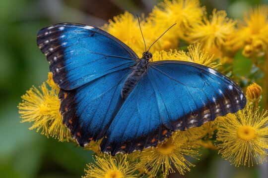 Blue Morpho Butterfly Resting on Yellow Flower in Sunlight - Powered by Adobe