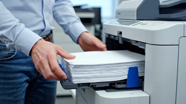 Business person loading white paper into multifunction office printer tray