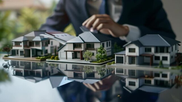 A person in a suit is carefully examining a detailed miniature house model on a tabletop. The model features several houses with unique designs and reflects light from a nearby window.