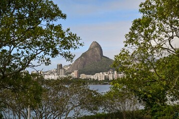 View of the Dois Irmaos hill from Rodrigo de Freitas lagoon in Rio de Janeiro