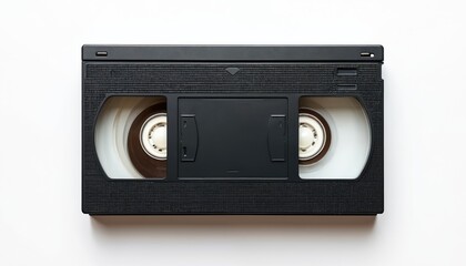 Obraz premium Black VHS tape viewed from front against white backdrop. This analog video cassette displays its reels and magnetic tape spool. Retro media object ready for use in a player.