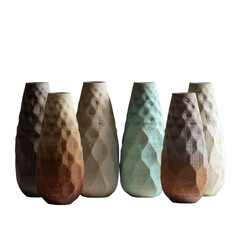 Hex-faceted vases, gradient hues. Grouped against dark