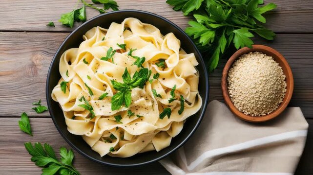 Creamy pappardelle ribbon pasta with basil, parsley and gentle peppered cream