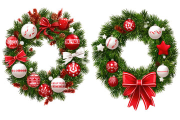 Two festive Christmas wreaths with red bows, ornaments, and pine sprigs