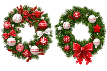 Two festive Christmas wreaths with red bows, ornaments, and pine sprigs